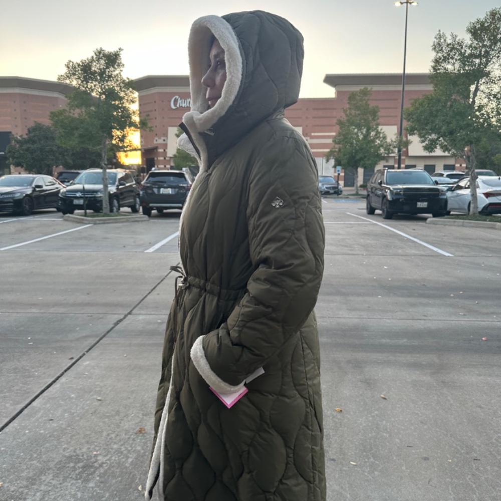 kate spade New York Faux Shearling Trim Down & Feather Fill Coat in Olive XL - Picture 2 of 13